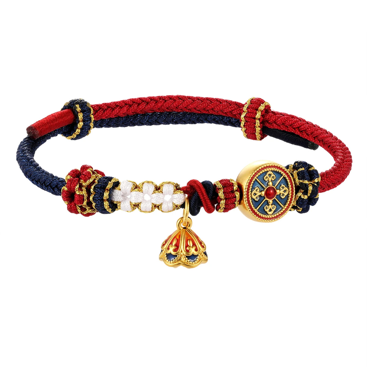 24K Pure Gold Beaded Bracelet with Red Black Braided Rope Chinese Retro Traditional Style Gorgeous Design Fine Charm Bracelet