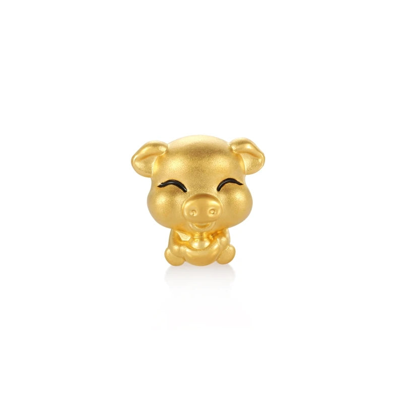 24K Solid Gold Beaded Pig Carved in Real Gold Zodiac Series Amulet Bracelet Accessory for Children Jewelry Findings & Components