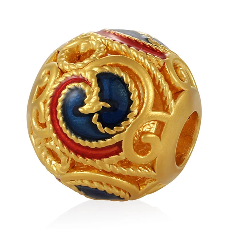 Luxury High-End 24K Solid Gold Tai Chi Pattern Filigree Beaded Bracelet with Ancient Enamel Classical Style 2.5mm Aperture