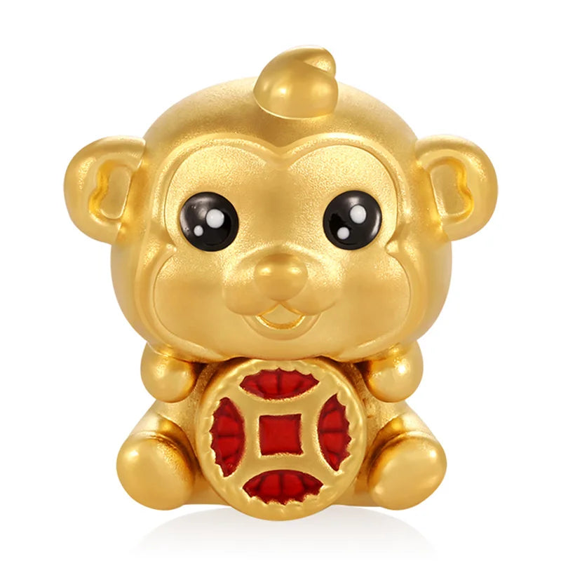 24K Solid Gold Craftsmanship Hard Gold Monkey Shape Beaded Bracelet High-End Jewelry Accessories Classical Style Sandblasted