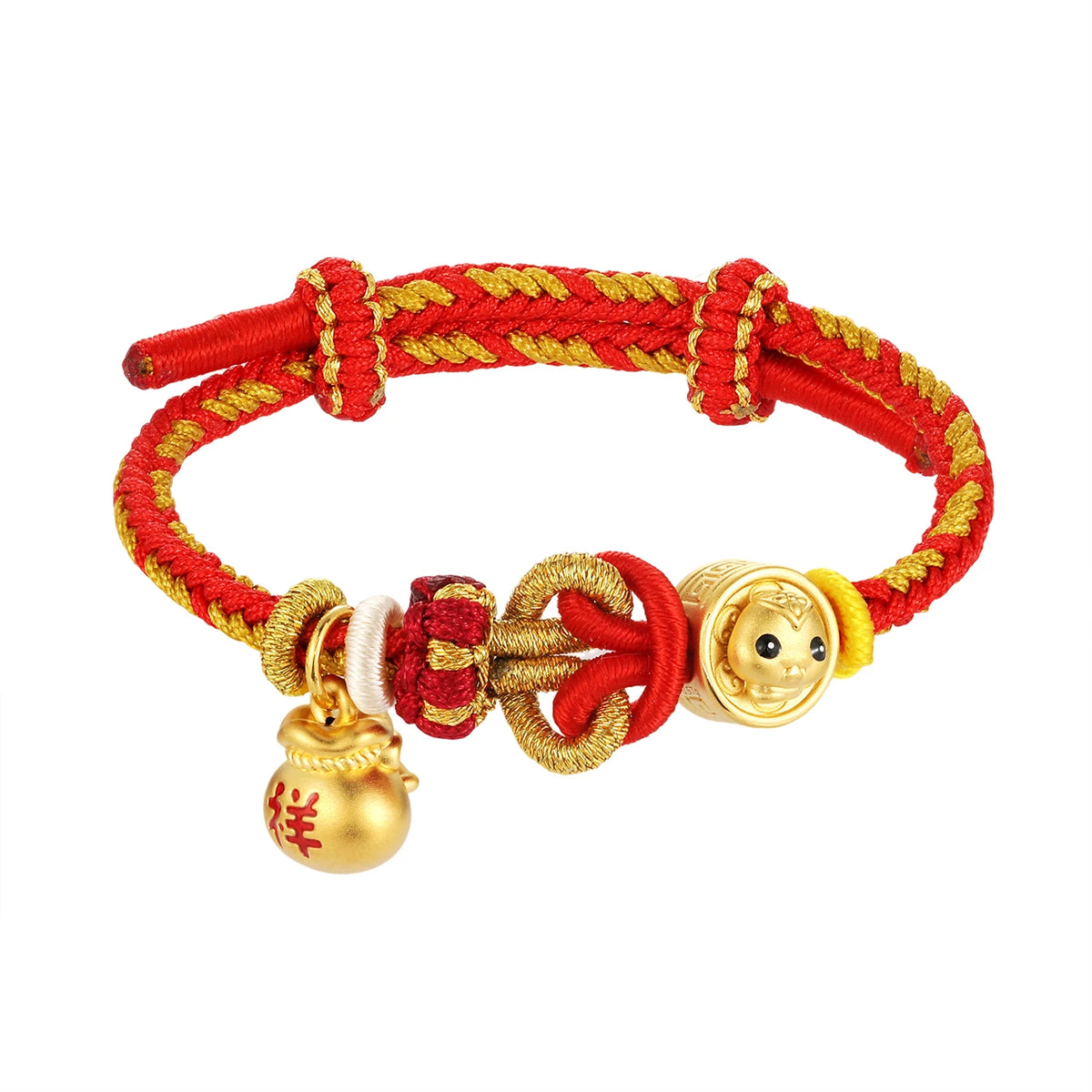 Solid gold 24K micro-hard gold lucky bag shape rotatable beaded braided rope bracelet high-end gold jewelry