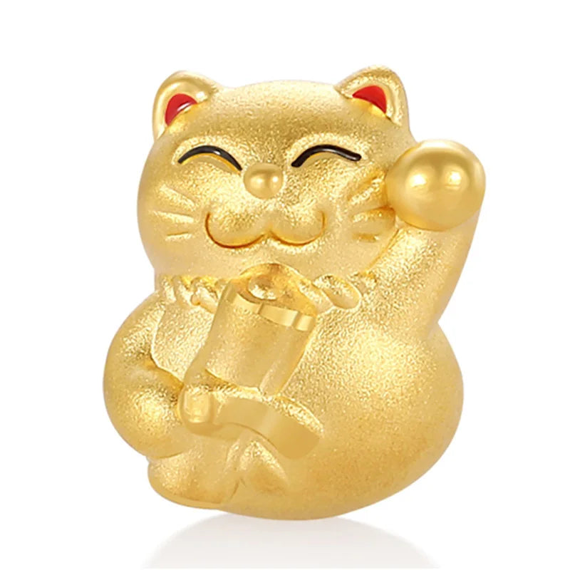 Enamel Craftsmanship Luxury Design Micro-hard Gold 24k Pure Gold Sandblasted Smart Lucky cat Bracelet Beaded Gold Jewelry