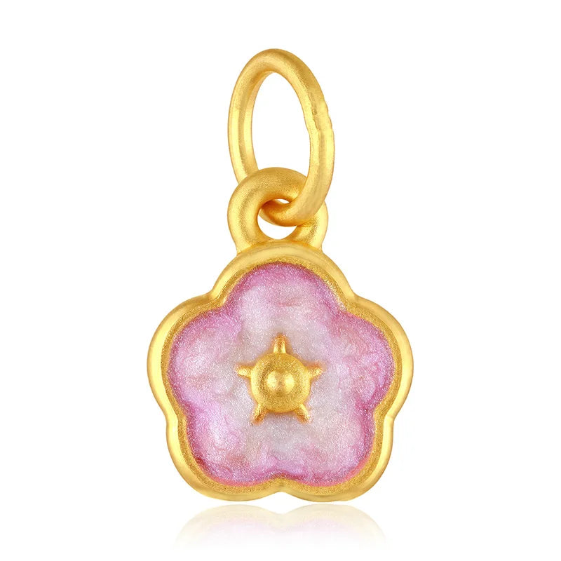 Glitter enamel craft 24k micro-hard gold pure gold pink peach blossom pendant pure gold pendant high-end jewelry accessories