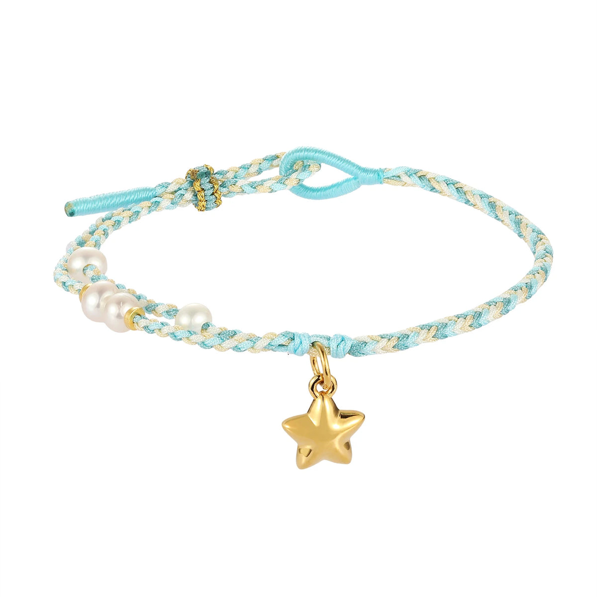 Fashion Trend Blue Braided Rope 24K Solid Gold Slightly Hard Gold Star Beaded Ethnic Charm Bracelet Pearl High-End Jewelry for