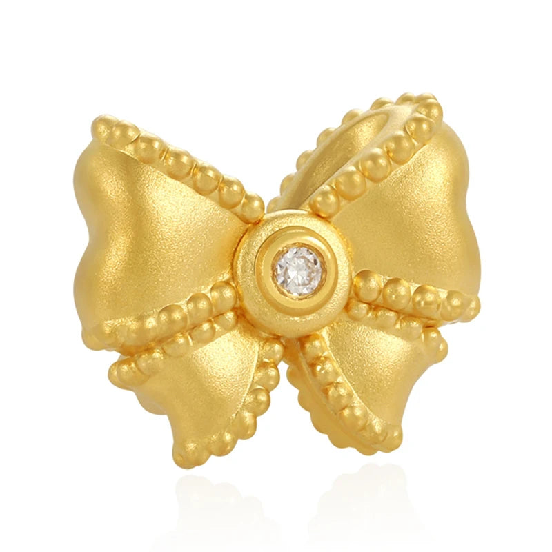 Butterfly Bow Tie Shape Beaded 24K Solid Gold Diamonds High-end Luxury Fashion Bracelet 0.009ct Stones Sandblasted-brightened