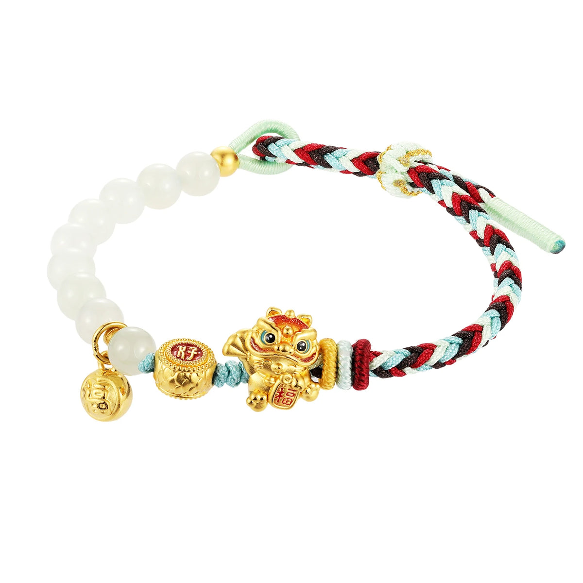 Solid 1.55g 5D Gold Charm-Enamel Hand Chain Lucky Cat 'Fu' & Good Luck Symbol Fine Bracelet