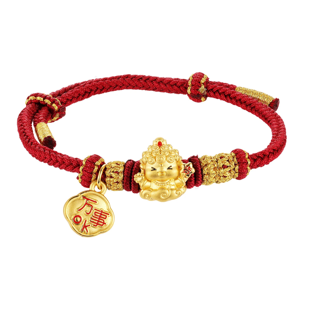 Unique Design Trendy Ethnic 24K Solid Gold Buddha-shaped Beaded Hand-Woven Rope Charm Bracelet for Unisex Anniversary Gift