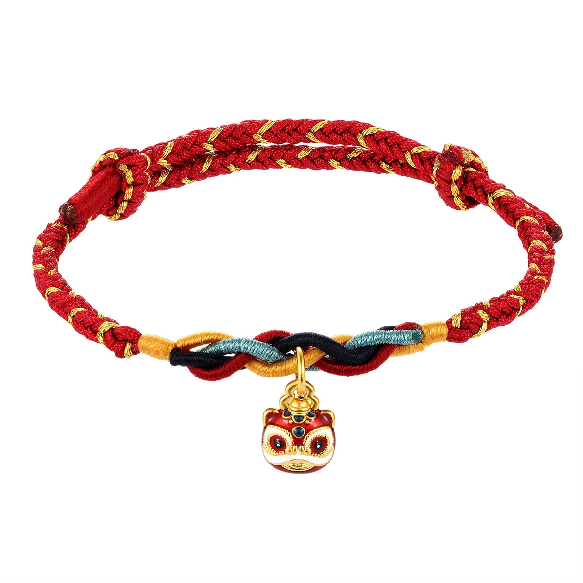 24K Solid Gold Lion Shape Beaded Bracelet Red Braided Rope Traditional Chinese Style Hard Fine Charm Bracelet
