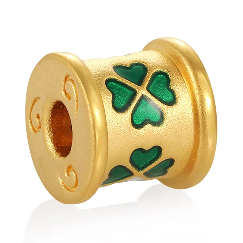 Sandblasting Enamel 24K Solid Gold Four-Leaf Clover Shape Good Luck Cylindrical Beaded Luxury Classical Style Bracelet Jewelry