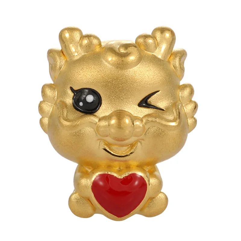 Dragon Shaped Amulet Beaded Bracelet 24K Solid Gold Classical Style Zodiac Series 3.3mm Aperture Sandblasted Enamel Finish