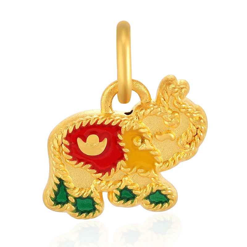 Luxury 24K Solid Gold Enamel Craftsmanship Cute Elephant Charm Pendant Necklace