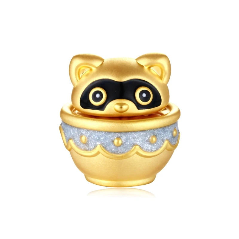 0.9g Solid 24K Gold Beaded Glitter Enamel Craft Beads in Teacup Shape Little Raccoon Design Jewelry Findings & Components