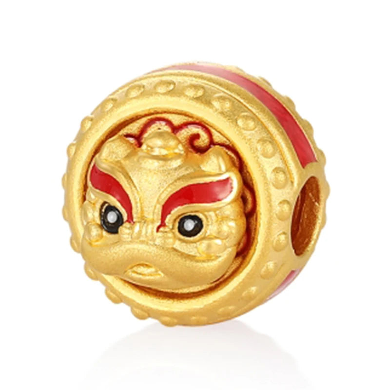 0.73g 5D Solid Gold Charm Enamel Lion Dance Head Beaded for DIY Bracelets Fine Jewelry Accessories