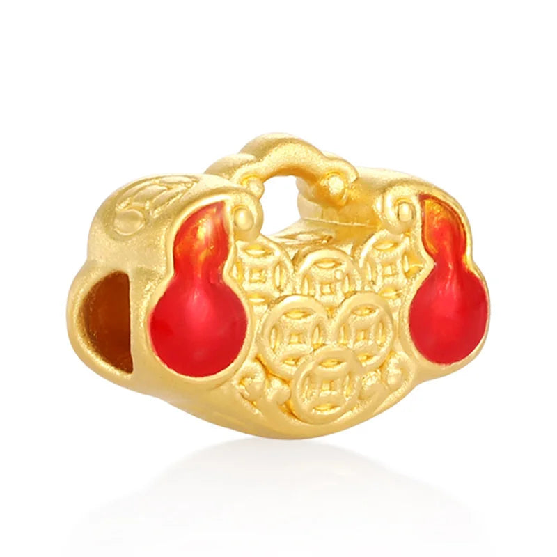 24K Gold Gourd Coin Lock Bag Pendant Chinese Auspicious Jewelry 0.35g