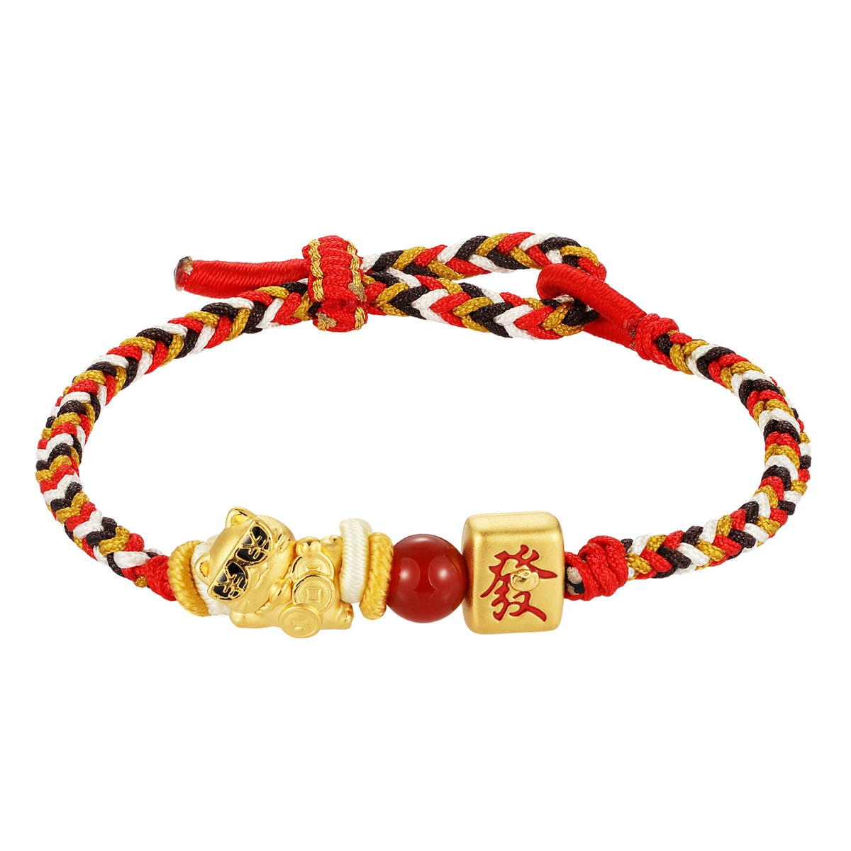 0.8g 5D Solid Gold Charms Enamel Hand-ropes with Agate: Crouching Lucky Cat & Mahjong - A Symbol of Wealth Fine Jewelry
