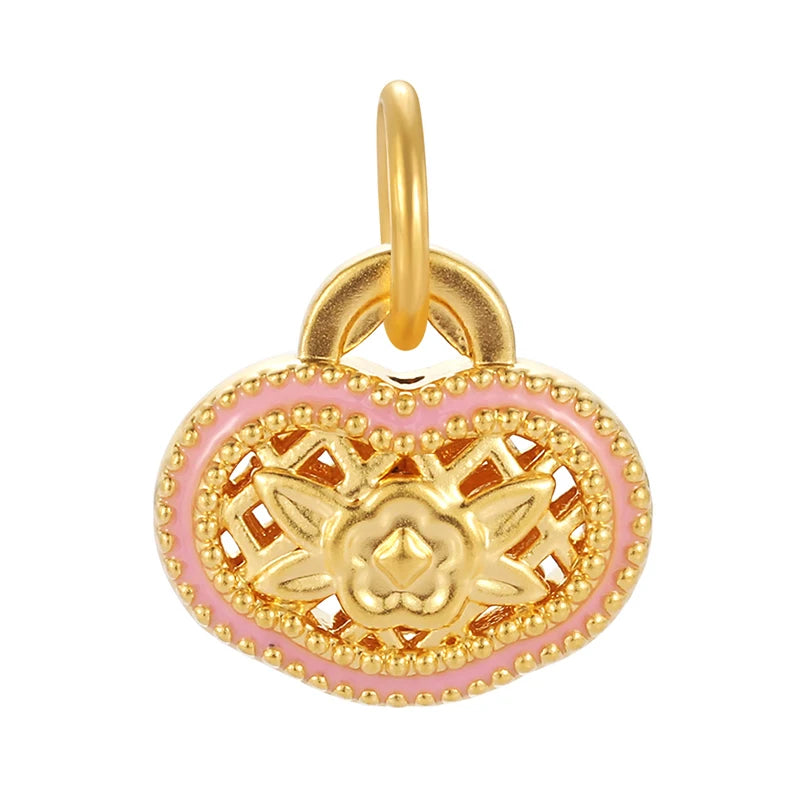 High-end Cute Filigree Lock Shape 24K Solid Gold Charm Pendant with Enamel Craft 0.65g Necklace Accessories for Anniversary