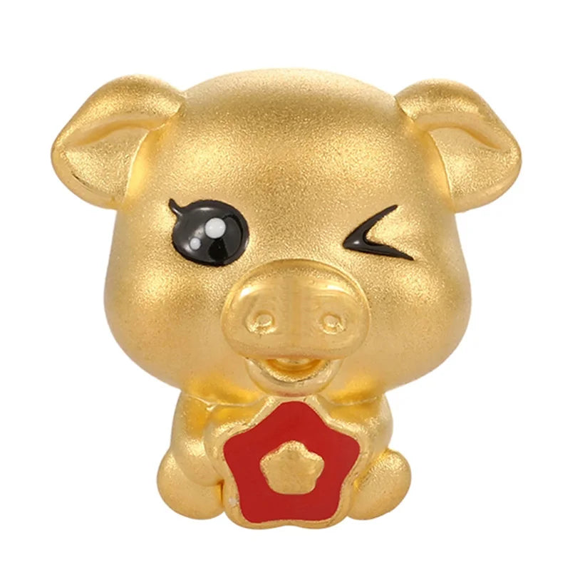 24K Gold Zodiac Pig Beaded Bracelet Elegant Chinese Style Jewelry 0.65g