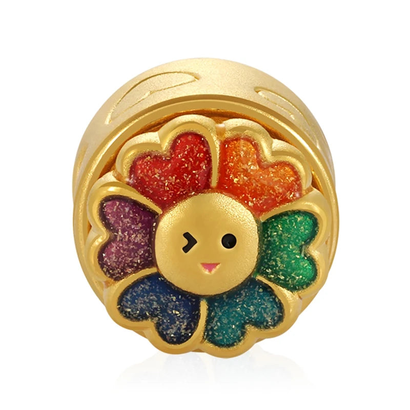 0.8g 5D Yellow Gold Cute Happy Sunflower Charm Pendant 24K Solid Gold Jewelry Third Party Certified Unisex