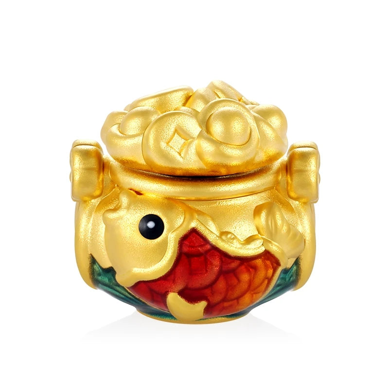 New Design 0.75g Solid 24k Gold Enamel Cute Koi Pattern Beaded 2.7mm Aperture Fortune Bracelet Jewelry Findings Components