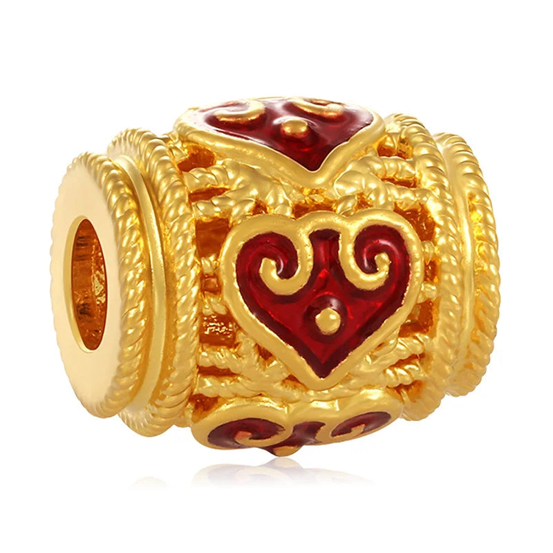 Red Tone High-quality Luxury Hard Gold 24k Pure Gold Classical love Heart-shaped Filigree Beaded Bracelet Enamel Jewelry