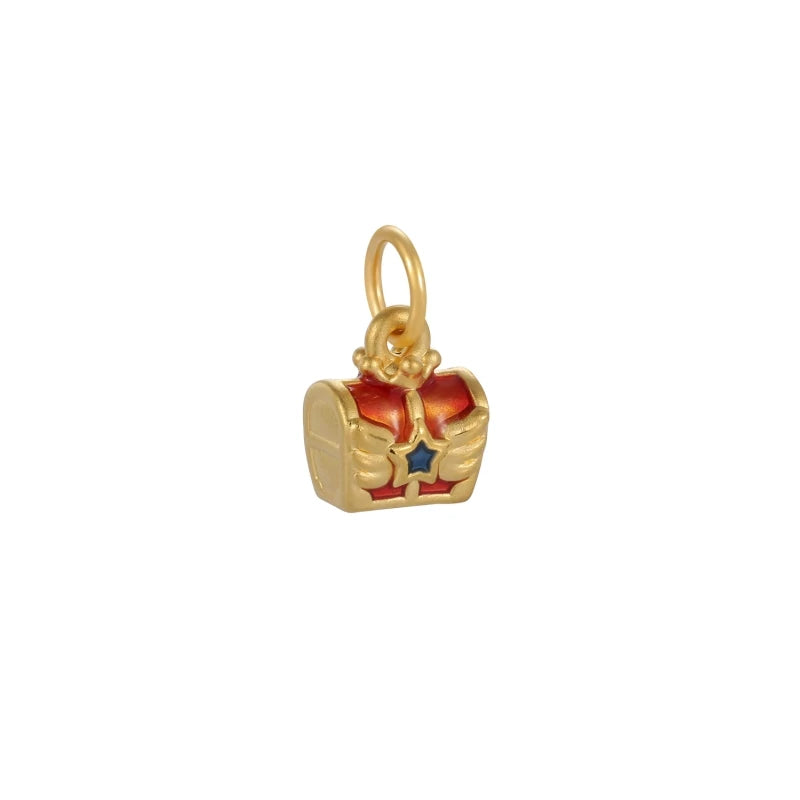 Unique Design Red Tone Treasure Chest Shape 24k Solid Gold Charm Pendant Cute Jewelry Accessories