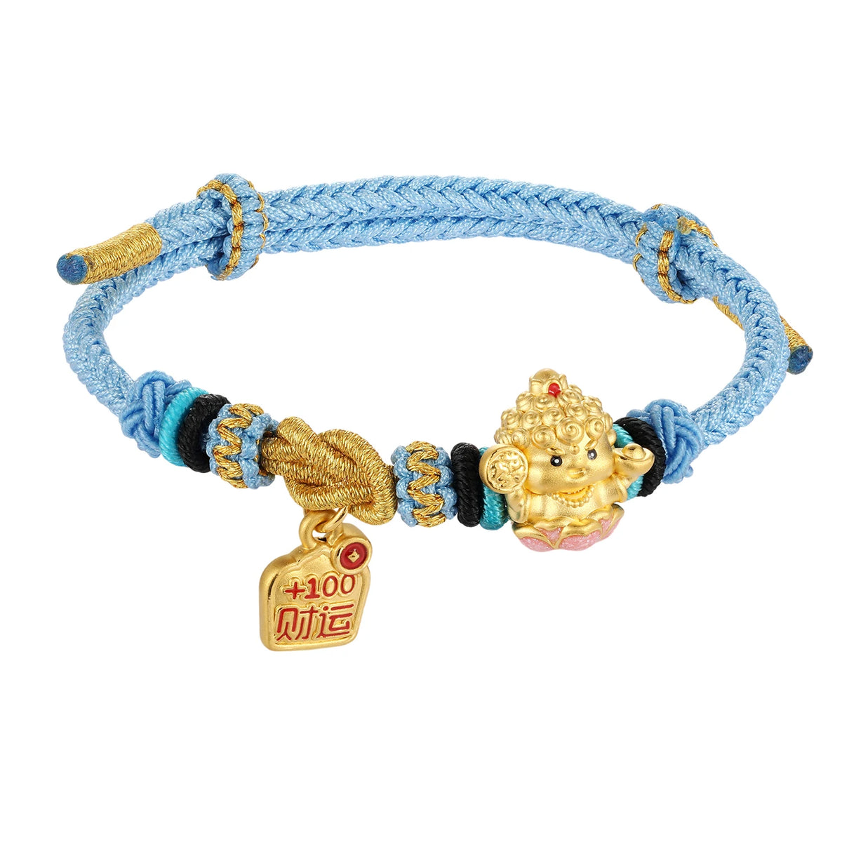 Blue braided rope micro-hard gold 24K pure gold Buddha-shaped beaded wealth blessing bracelet high-end gold jewelry