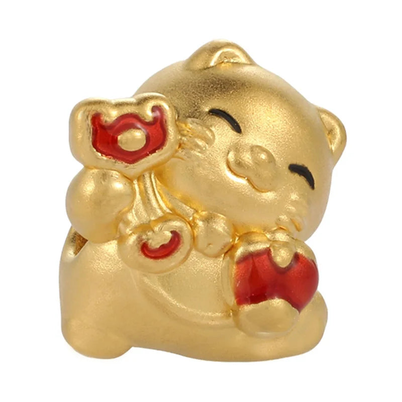 Large Size High-end Design Classical 24K Solid Gold Lucky cat Shape Beaded Bracelet Jewelry Accessories