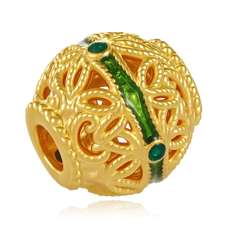 Luxury High-End 24K Solid Gold Bamboo Filigree Beaded Bracelet with Ancient Enamel Surface Treatment and 2.5mm Aperture