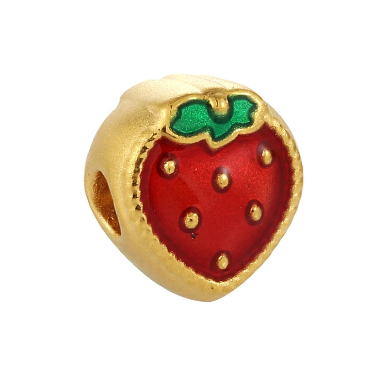 Mini Luxury Women's Strawberry Beaded Bracelet 24K Solid Gold Carved Amulet Ancient Craftsmanship Enamel Finish Cute Design