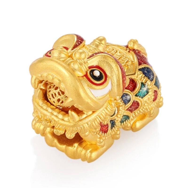 1.6g 5D 24K Solid Gold Charm Happy Lion with Fortune Character and Enamel, Holding a Ball and Turning Its Head Fine Jewelry