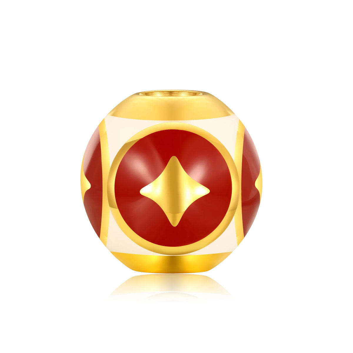 24K Solid Gold Red White Coin Pattern Large Flattened Gilded Charm 1.65g