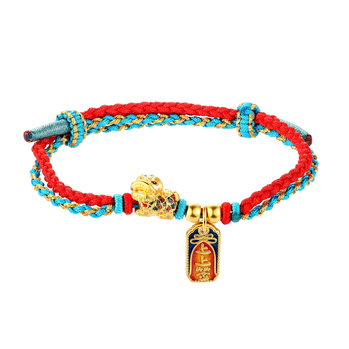 24K Solid Gold Micro-Soft Beaded Ethnic Unisex Bracelet with Lion-Awakening Design High-End Braided Rope Charm