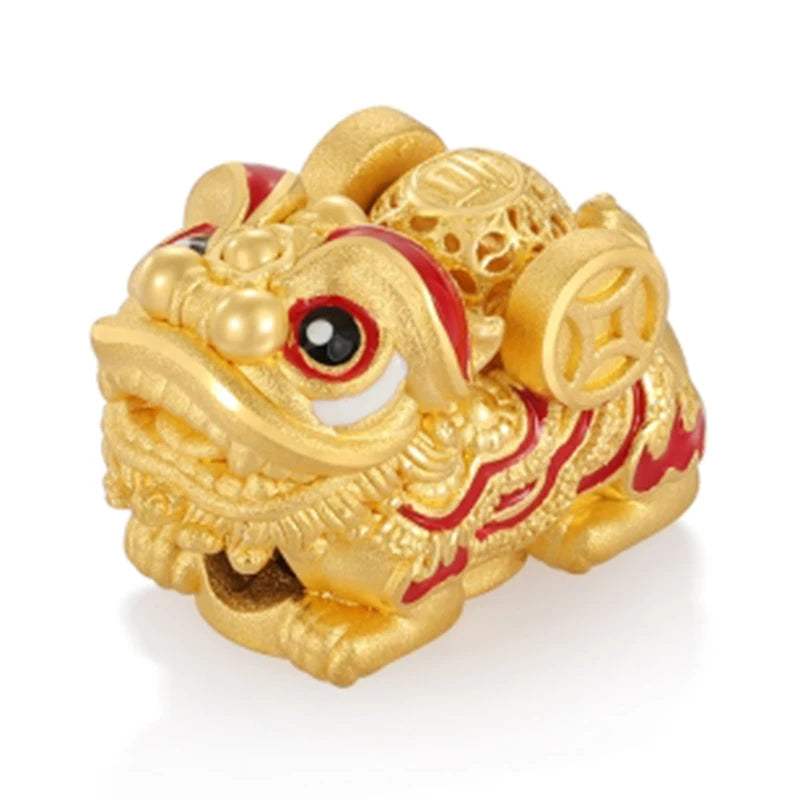 Chinese Style Lucky Lion-shaped 24K Solid Gold Beads for Bracelets 2.3g High-End with 3.9mm Aperture Sandblasted Enamel Finish