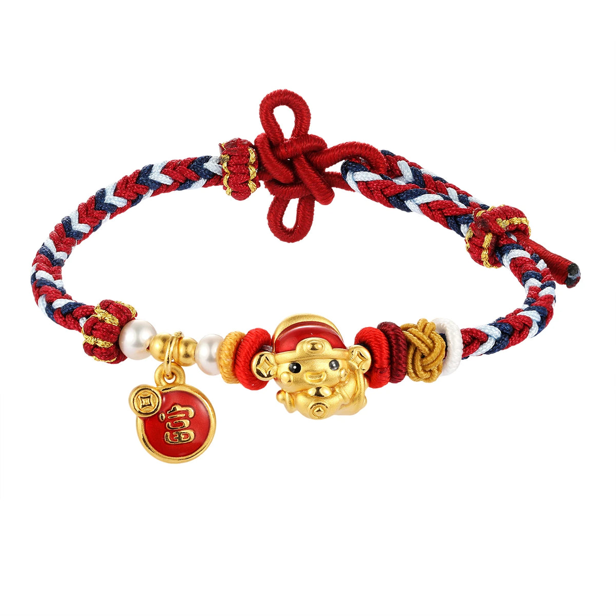 Luxury 24K Solid Gold Micro-Hard God of Wealth Beaded Bracelet Multicolor Braided Rope Fine Charm Jewelry