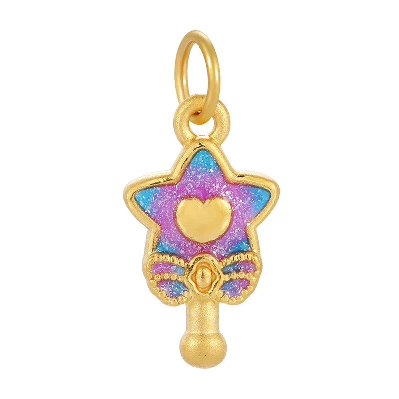 Cute Charm Necklace Pendant with Fluorescent Enamel Craft Star Magic Wand Design 24K Solid Gold