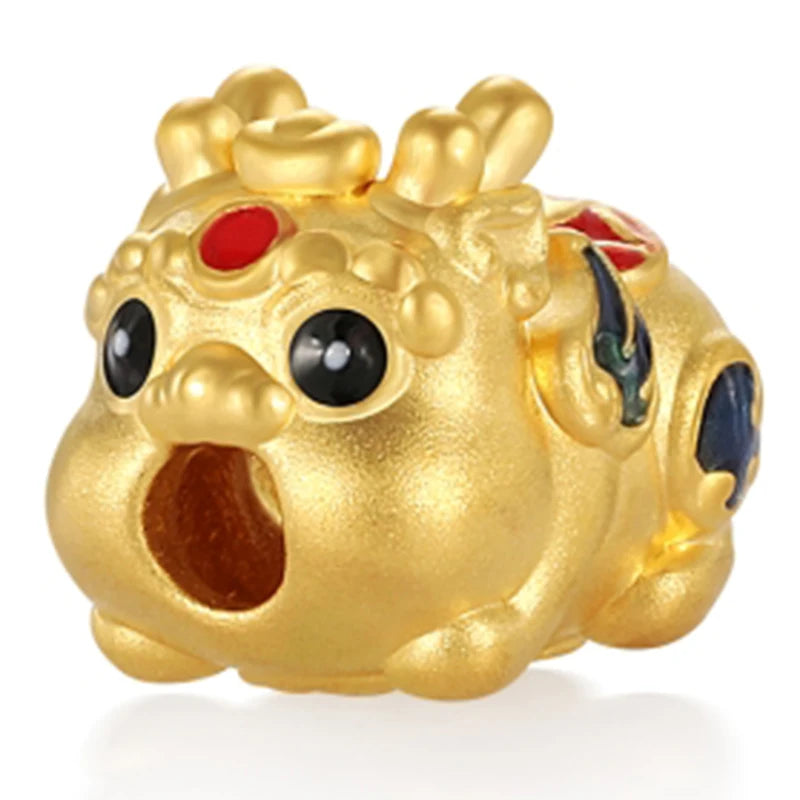 Mini 24K Gold Cute Coin Pixiu Beaded DIY Bracelet Unisex Wealth Jewelry 0.35g