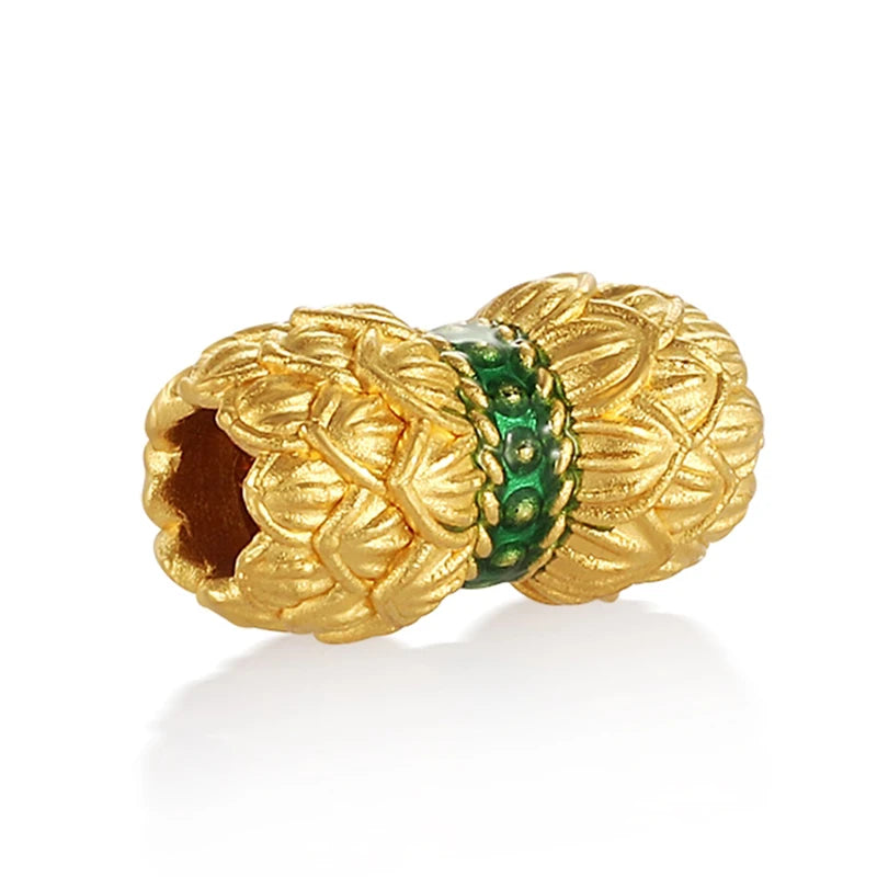 24K Gold Double Lotus Beaded Charm Wealth Chinese Style Jewelry 0.3g