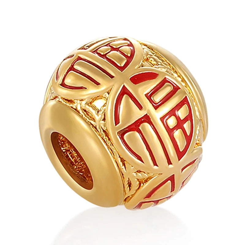 0.35g 5D Pure Gold Ethereal 5D Enamel 'Fu' Bead Pendant DIY Fine Jewelry Bracelet Accessories Lucky Charm for Chinese Culture