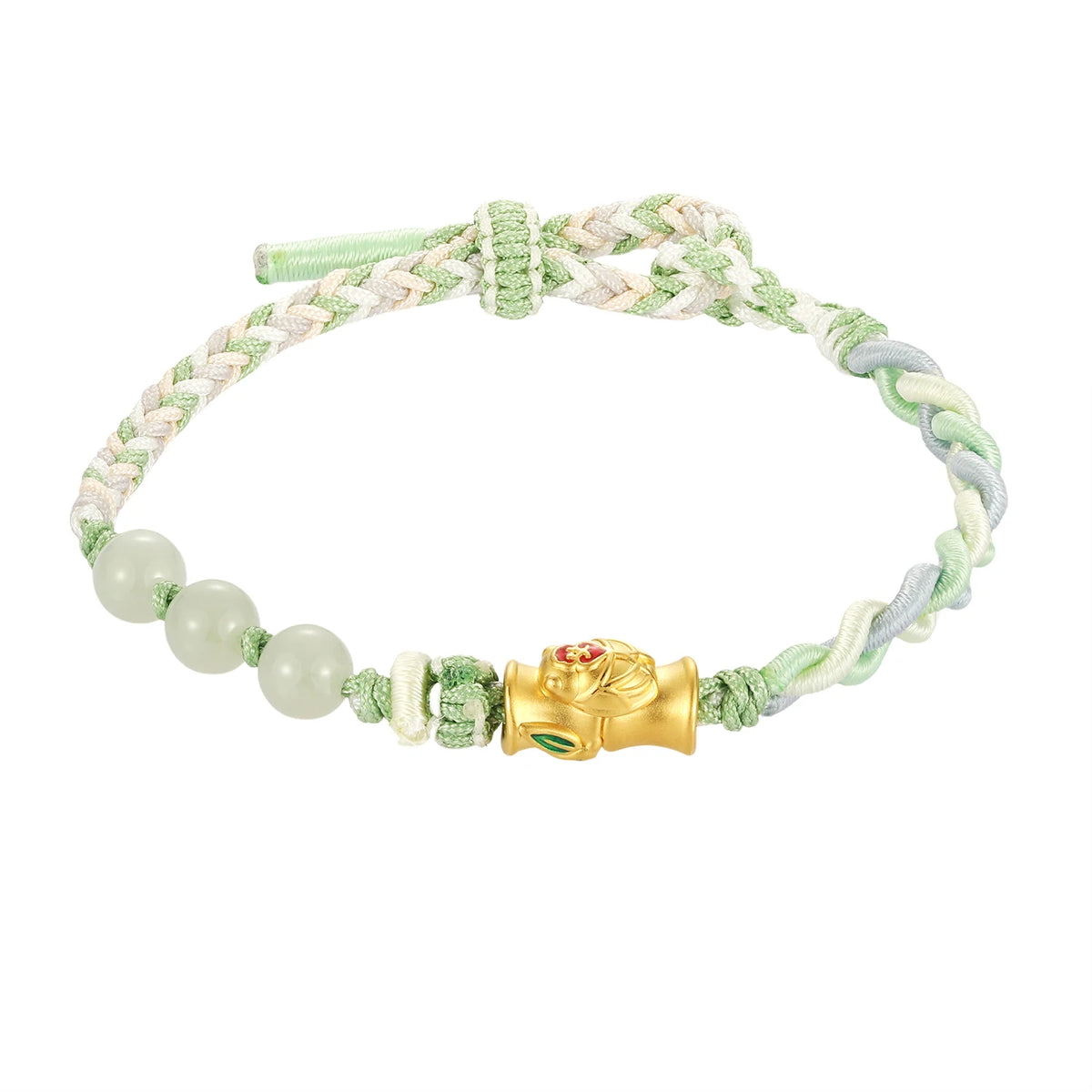 24K Pure Gold Micro-Hard Bamboo Shape Beaded Bracelet High-End Natural Style Green Braided Rope Fine Charm Bracelet