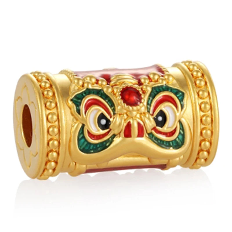 24K Solid Gold Lion Shape Enamel Surface Treatment 2.7mm Aperture Guan Gongshi Beads 0.85g Cute Style Jewelry Components for