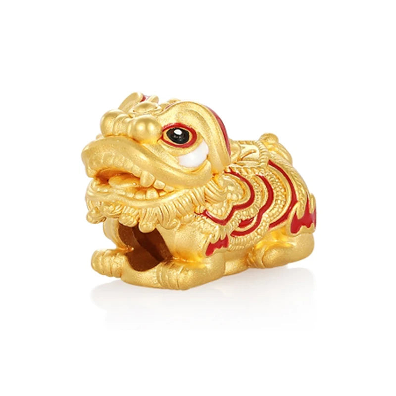 24K Solid Gold Lion Cute 2.1mm Aperture Sandblasted Enamel Beaded Jewelry Findings for Bracelets