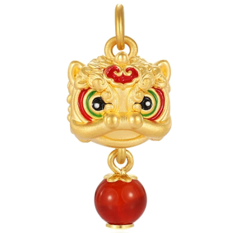 Delicate Sand Gold Waking Lion Bell Red Agate Swallowing Beast Pendant Necklace Cute DIY Jewellery Accessories