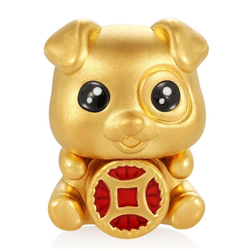 24K Solid Gold Classical Style Dog Shape Beaded Bracelet with Sandblasted Enamel Finish High-End Jewelry Accessories