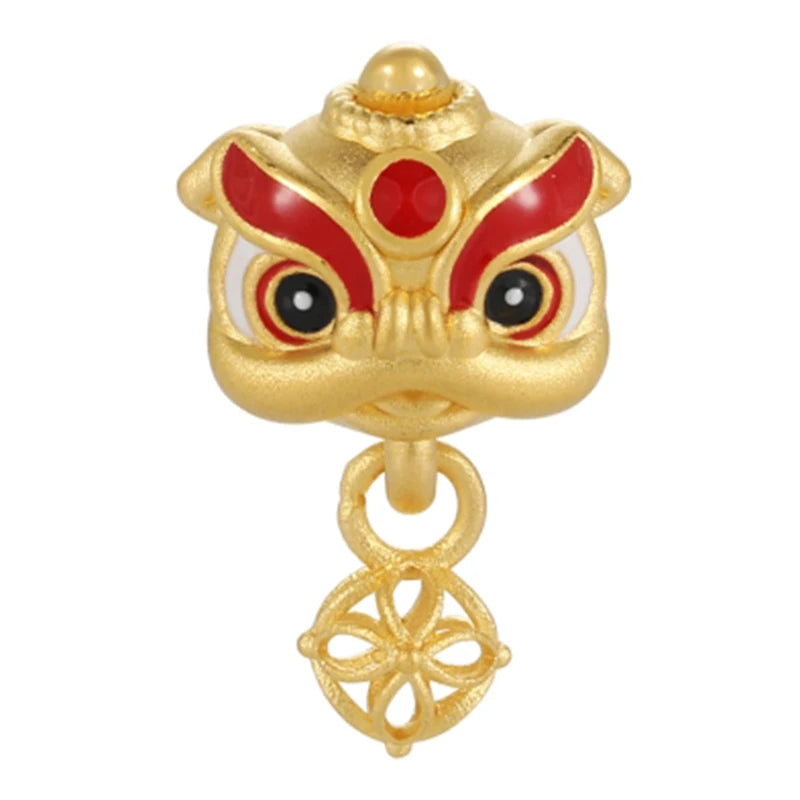 24K Solid Gold Lion-Shaped Beads 2.7mm Aperture Sandblasting-Brightening-Enamel Surface Treatment for Findings Components