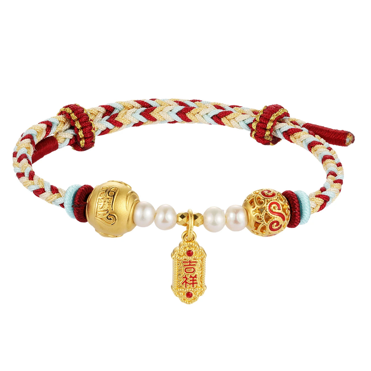 Fashion Luxury Style 24k Solid Gold Pearl Bead Bracelet with Ethnic Woven Cotton Rope Anniversary Gift