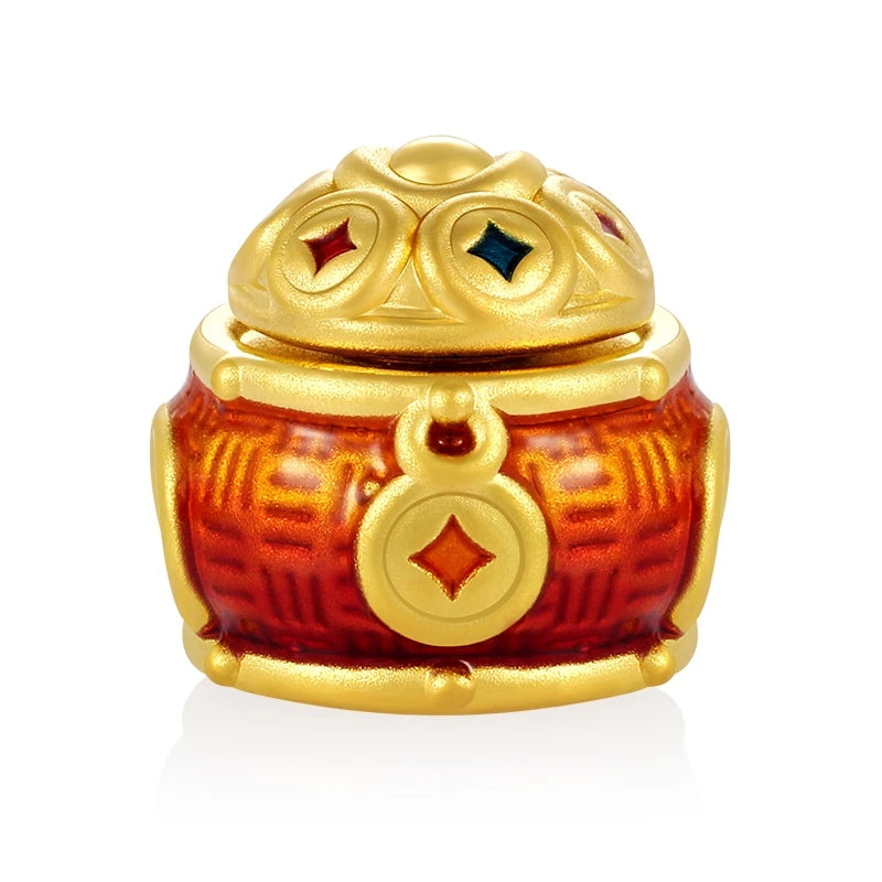 24K Gold Full Steam Treasure Bowl Beaded Charm Minimalist Wealth Jewelry 0.8g