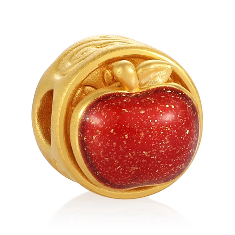 Luxury Cute 0.65g 5D 24K Solid Gold Charm Rotatable Apple with Red Enamel Pendant Jewelry Unisex Anniversary Gift