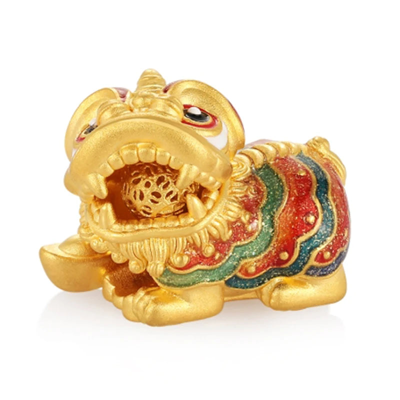 1.6g 5D Solid Gold Lion Dance Head Beaded Charm Enamel DIY Jewelry Accessory for Bracelets Fine Jewelry Findings & Components