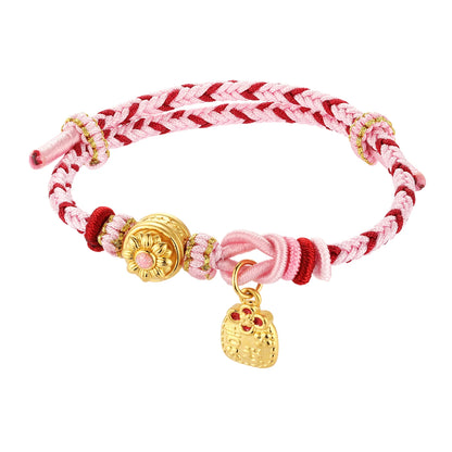 Pink braided rope flower-shaped 24k pure gold beaded bracelet exquisite jewelry high-end gold jewelry