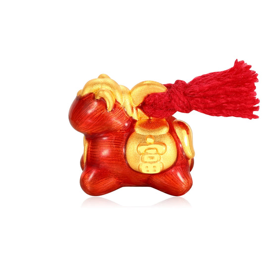 24K Solid Gold Brushed Glass Red Wealth Tassel Little Horse Charm 0.5g